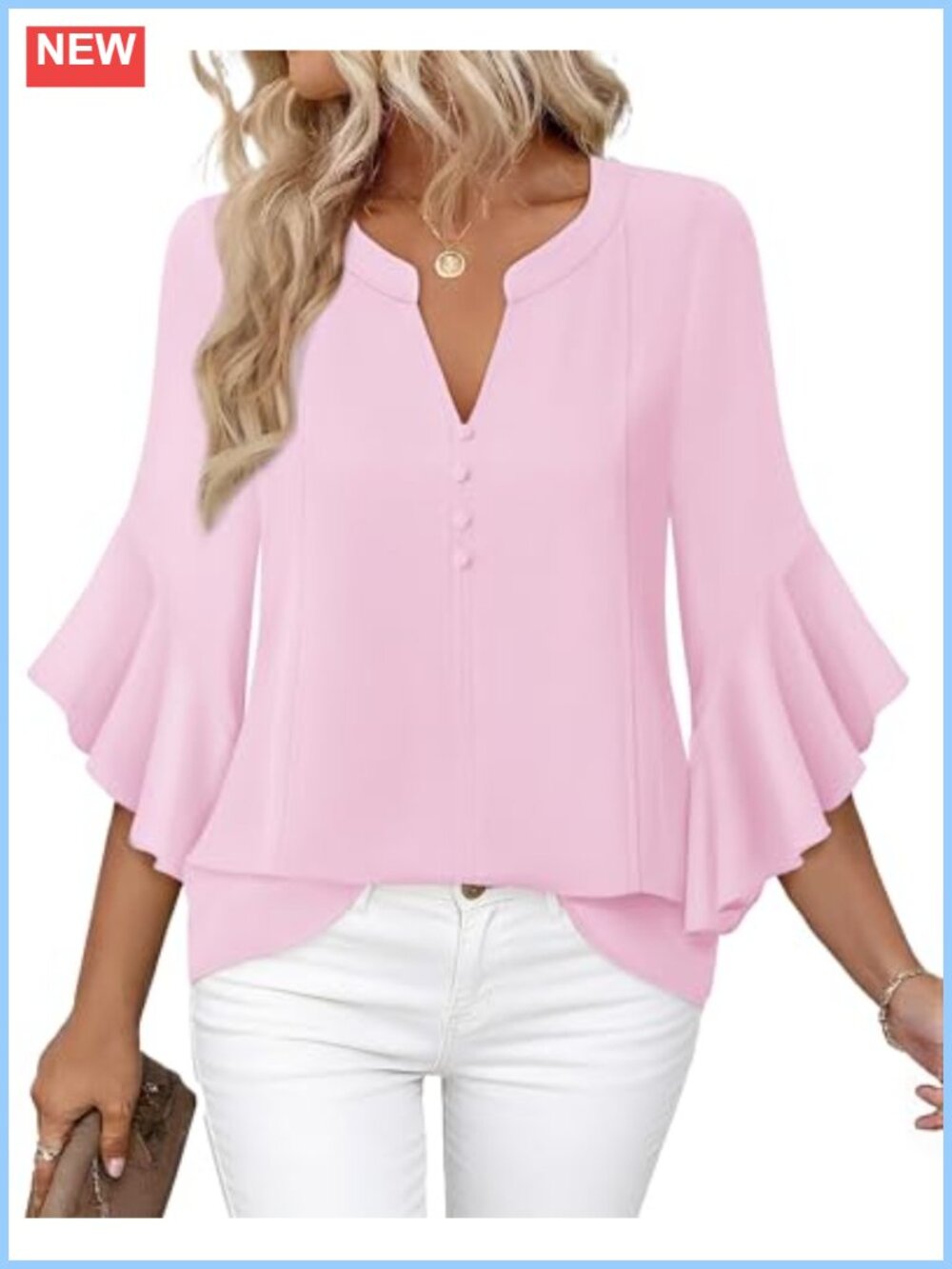 Womens Chiffon Henley V Neck 3/4 Ruffle Sleeve Button Down Blouse